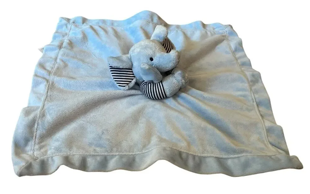 Carter's Blue Elephant Striped Ears Arms Rattle Lovey Security Blanket 16x16”